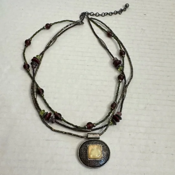 Chico's Multi Beaded String Statement Necklace Choker Green Earth tone Boho - Picture 8 of 16